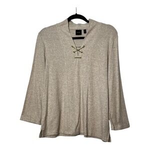 Rafaella Womens Oatmeal Heather Lace Up Chain‎ Neck Long Sleeve Top Large